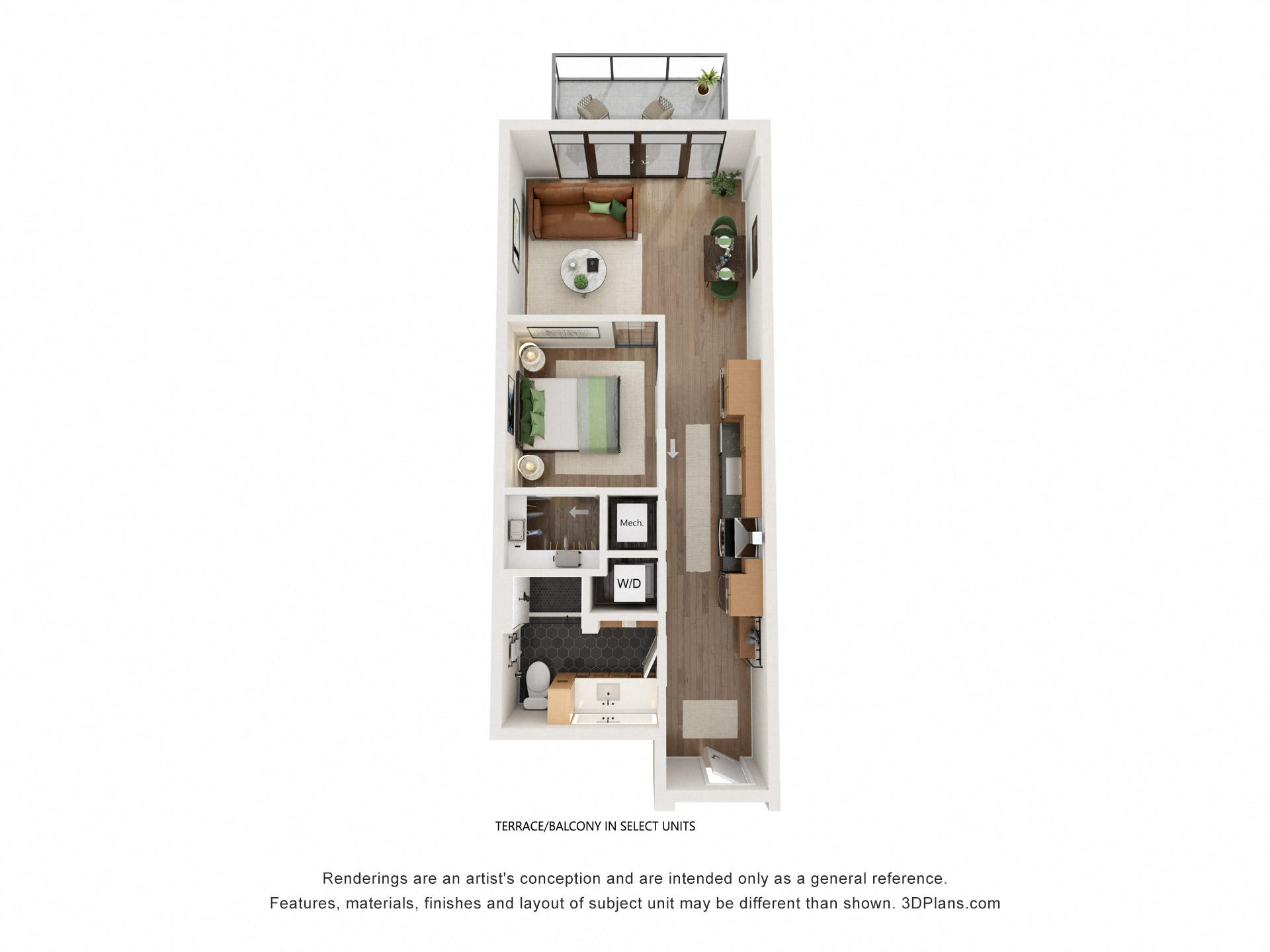 Floor plan for 1 bed, 1 bath, 598 sqft